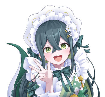 1girl :d absurdres bare_shoulders blush bonnet breasts collar colored_inner_hair crossed_bangs detached_sleeves floral_print floral_print_kimono flower-shaped_pupils flower_hairpin frilled_bonnet frilled_collar frills green_eyes green_hair green_kimono green_ribbon green_tail hair_ornament hair_ribbon hairclip hand_up highres japanese_clothes kimono lizard_tail long_hair long_sleeves looking_at_viewer multicolored_hair neck_ribbon nijisanji open_mouth piyopiyomaru_(piyo8823) print_kimono ribbon simple_background small_breasts smile solo standing symbol-shaped_pupils tail tail_raised tassel togawa_nonoha upper_body virtual_youtuber w white_background white_bonnet white_sleeves