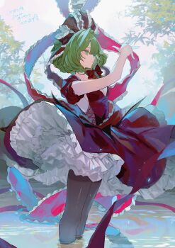 1girl absurdres black_pantyhose bow breasts cleavage commentary_request commission cowboy_shot daimaou_ruaeru day detached_sleeves dress floating_clothes frilled_ribbon frills from_side front_ponytail green_eyes green_hair hair_bow hair_ribbon highres kagiyama_hina long_hair outdoors pantyhose petticoat puffy_short_sleeves puffy_sleeves red_bow red_dress red_skirt ribbon short_sleeves sideboob skeb_commission skirt solo standing touhou tree wading water