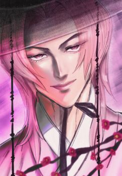 1boy close-up closed_mouth commentary_request dutch_angle eyelashes gat_(hat) hanbok hat highres korean_clothes kpop_demon_hunters male_focus medium_hair mixed-language_commentary oolelele pink_background pink_eyes pink_hair pink_hanbok procreate_(medium) romance_(kpop_demon_hunters) smile solo