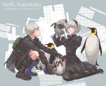 1boy 1girl 2b_(nier:automata) 9s_(nier:automata) animal bird black_boots black_choker black_dress black_gloves black_hairband black_jacket black_shorts black_thighhighs blue_eyes blush boots breasts choker closed_eyes closed_mouth commentary_request copyright_name dress english_text facing_another feather-trimmed_sleeves full_body gloves grey_hair hairband heart highres holding holding_animal jacket juliet_sleeves lifting_animal lipgloss long_sleeves looking_at_another medium_breasts mole mole_under_mouth nier:automata nier_(series) penguin pink_lips puffy_sleeves short_hair shorts sitting smile squatting star_(symbol) thigh_boots thighhighs thighhighs_under_boots turtleneck turtleneck_dress wariza xiao_kaya