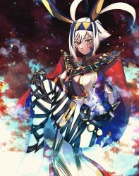 Rule 34 | 1girl, aegyo sal, animal ears, ankh, antenna hair, bandaged leg, bandages, black gloves, blonde hair, blue hair, breasts, center opening, closed mouth, dark-skinned female, dark skin, facial mark, fate/grand order, fate (series), gloves, glowing skin, highres, knees up, looking at viewer, multicolored hair, nitocris (fate), nitocris alter (fate), outstretched arms, rabbit ears, short hair, solo, streaked hair, tayuta (tayuta fa), yellow eyes