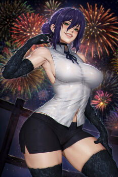 1girl aerial_fireworks black_choker black_gloves black_shorts black_thighhighs breasts chainsaw_man choker collared_shirt elbow_gloves fireworks gloves green_eyes hair_between_eyes hand_on_own_thigh highres lips navel neoartcore paid_reward_available partially_unbuttoned patreon_username purple_hair reze_(chainsaw_man) shirt shorts sleeveless sleeveless_shirt smile solo thighhighs white_shirt