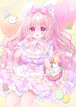 1girl :d animal_ears bow breasts chiika_(cure_cherish) cowboy_shot dress easter easter_egg egg hair_bow large_breasts long_hair open_mouth original pink_eyes pink_hair rabbit_ears smile two_side_up yume_kawaii