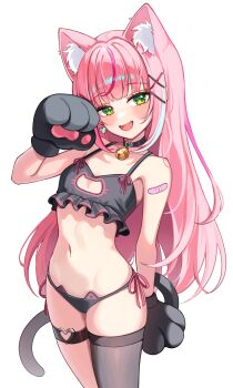 1girl absurdres animal_ear_fluff animal_ears animal_hands arm_at_side bandaid bandaid_on_arm bell black_bra black_choker black_gloves black_panties black_thighhighs blush bra cat_ears cat_girl cat_lingerie cat_tail choker collarbone commentary_request cowboy_shot frilled_bra frills gloves green_eyes hair_ornament hairclip hanako_nana hand_up heart heart_o-ring highres korean_commentary long_hair multicolored_hair navel neck_bell o-ring o-ring_thigh_strap open_mouth panties paw_gloves pink_hair side-tie_panties simple_background single_thighhigh smile solo standing stellive stomach straight_hair streaked_hair tail thigh_strap thighhighs underwear underwear_only very_long_hair virtual_youtuber white_background wispy_bangs x_hair_ornament yulha_06