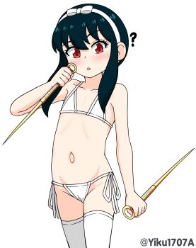 1girl ? aged_down bikini black_hair dagger dual_wielding hairband highres holding knife loli navel side-tie_bikini_bottom solo spy_x_family stiletto_(weapon) stomach swimsuit thighhighs weapon white_bikini white_thighhighs yiku1707 yor_briar