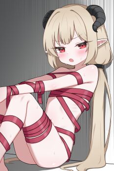 1girl absurdres black_horns blonde_hair blush bound commentary commission english_commentary flat_chest highres horns knees_up long_hair looking_at_viewer low_twintails naked_ribbon navel nude open_mouth original pointy_ears red_eyes red_ribbon ribbon ribbon_bondage sitting solo sweat twintails variant_set very_long_hair zing_(z_z_zing)
