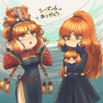 Rule 34 | 4girls, 793 (oo793oo), arknights, black bow, black bowtie, black capelet, bow, bowtie, braid, capelet, commentary request, double bun, e.g.o (project moon), frilled sleeves, frills, green eyes, hair bun, hands up, high ponytail, hongyuan (identity) (project moon), hundred-footed death maggot (e.g.o), ishmael (project moon), jeong's office (identity) (project moon), limbus company, long hair, looking up, low twin braids, mini person, minigirl, multiple girls, multiple persona, orange hair, ponytail, project moon, red shrug, shrug (clothing), side slit, sparkle, tidal elegy (e.g.o), twin braids, very long hair, white streaks, wide sleeves