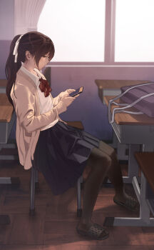 Rule 34 | 1girl, bag, black pantyhose, bow, bowtie, cellphone, chair, chinese commentary, classroom, commentary request, curtains, desk, from side, hair ribbon, highres, holding, holding phone, indoors, on chair, original, pantyhose, partial commentary, phone, ponytail, revision, ribbon, school bag, school desk, school uniform, shadow, sitting, smartphone, solo, window, yewang19, yu xuan (yewang19)