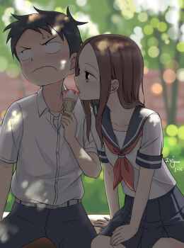 Rule 34 | 1boy, 1girl, absurdres, arm support, black hair, black pants, black skirt, blue sailor collar, blurry, blurry background, blush, brown eyes, brown hair, closed mouth, commentary, cowboy shot, embarrassed, english commentary, food, hand on own thigh, highres, ice cream, karakai jouzu no takagi-san, lens flare, long hair, looking at another, looking away, looking up, neckerchief, nishikata, open mouth, outdoors, pants, pleated skirt, red neckerchief, sailor collar, school uniform, serafuku, shirt, short hair, short sleeves, sidelocks, signature, sitting, skirt, sunlight, takagi-san, wavy mouth, white shirt, zeng$ (zwj)