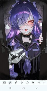 1girl ahoge alternate_costume belt_collar black_shirt blush breath chain collar collarbone commentary_request doorway drill_hair drill_sidelocks eyepatch hair_intakes hair_over_one_eye hairband heart heart-shaped_pupils highres holding holding_wrench long_hair looking_at_viewer neckerchief open_mouth pointy_ears purple_hair purple_hairband purple_neckerchief red_eyes saliva shirt sidelocks solo sweat symbol-shaped_pupils tonari_no_oji-san tongue vivian_banshee white_mask wrench yandere zenless_zone_zero