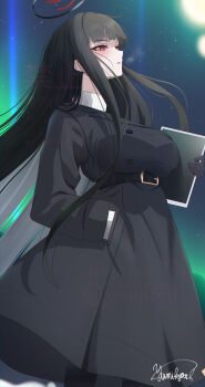 1girl absurdres aurora belt black_coat black_hair black_pantyhose blue_archive blush breasts coat hair_ornament hairclip halo highres large_breasts long_hair long_sleeves night night_sky pantyhose red_eyes rio_(blue_archive) rio_(winter)_(blue_archive) sky solo sweater tablet_pc turtleneck turtleneck_sweater white_sweater yamikyon