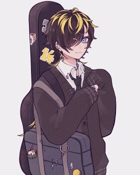 Rule 34 | 1boy, 73 shichimi, aimono jyushi, bag, bag charm, black hair, black necktie, black sweater, blue eyes, buttons, charm (object), collared shirt, commentary, earrings, expressionless, grey bag, guitar case, hair over one eye, hands up, highres, hypnosis mic, instrument case, jewelry, long hair, looking at viewer, male focus, multicolored hair, necktie, one eye covered, pink hair, safety pin, school bag, shirt, shoulder bag, simple background, single sleeve past fingers, single sleeve past wrist, solo, sweater, untranslatable commentary, upper body, white background, white shirt