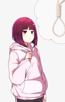 1girl arima_kana black_pants blush bob_cut closed_mouth highres hood hoodie long_sleeves oshi_no_ko pants red_eyes red_hair risdelusions rope short_hair solo white_hoodie