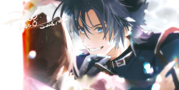 Rule 34 | 1boy, 1girl, aerith gainsborough, belt buckle, black gloves, black hair, blue eyes, blue sweater, brown hair, buckle, collar, commentary, crisis core: final fantasy vii, dated, fang, final fantasy, final fantasy vii, gloves, hair between eyes, hair ribbon, highres, holding, holding leash, leash, looking at another, pink ribbon, ppiinnee24, ribbon, short hair, signature, spiked hair, sweater, teeth, turtleneck, turtleneck sweater, upper body, zack fair