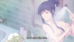 5girls animated anime_screenshot back bath bathroom bathtub blonde_hair blue_hair breasts censored chiyoda_ririka closed_eyes collarbone completely_nude convenient_censoring dark-skinned_female dark_skin feet green_hair hair_bun highres kariyazaki_rei large_breasts megami_no_cafe_terrace multiple_girls navel nude open_mouth pink_hair purple_eyes purple_hair short_hair sidelocks sitting sound souya_moemi steam steam_censor stomach subtitled tagme takasaki_mao thighs valentina_azuma video water wet