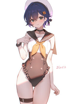 1girl adelie_cat alternate_costume arm_strap belle_(zenless_zone_zero) black_choker black_leotard blue_hair breasts choker closed_mouth collarbone cowboy_shot crossed_bangs dated frilled_leotard frills green_eyes hair_between_eyes hair_ornament hat highres leotard letter_hair_ornament looking_at_viewer neckerchief orange_neckerchief pendant_choker short_hair simple_background small_breasts smile solo thigh_strap white_background white_hat zenless_zone_zero