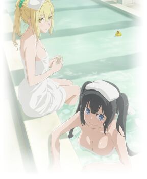 Rule 34 | 2girls, aiz wallenstein, artist request, bathing, black hair, blonde hair, blue eyes, breasts, cleavage, closed mouth, day, dungeon ni deai wo motomeru no wa machigatteiru darou ka, hestia (danmachi), highres, large breasts, long hair, looking at viewer, medium breasts, multiple girls, naked towel, official alternate costume, official alternate hairstyle, official art, open mouth, partially submerged, ponytail, rubber duck, same-sex bathing, shared bathing, sitting, smile, steam, towel, towel on head, twintails, yellow eyes