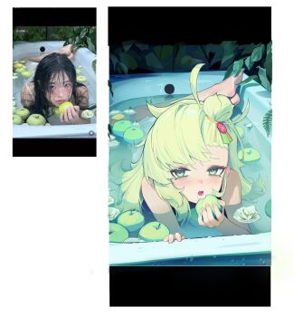 1girl absurdres alternate_costume apple bare_shoulders barefoot bathing bathtub blonde_hair blush bright_pupils commentary eating flower food fruit green_eyes half-closed_eyes highres holding holding_food holding_fruit in_water leaf letterboxed looking_at_viewer ohoo_7am open_mouth piper_wheel reference_inset saliva short_eyebrows simple_background solo thick_eyebrows wet white_background white_flower white_pupils zenless_zone_zero