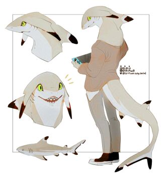 1other androgynous artist_name black_shoes braces brown_shirt clothing_cutout dated fins fish_tail full_body furry gills green_eyes handheld_game_console holding holding_handheld_game_console looking_at_viewer multiple_views notice_lines open_mouth original other_focus sd_planb shark shark_tail sharp_teeth shirt shoes simple_background slit_pupils sneakers standing tail tail_through_clothes teeth twitter_username white_background