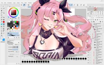 1girl art_program_in_frame bare_shoulders black_ribbon blush breasts cleavage clothing_cutout commentary crop_top earrings fourth_wall green_eyes hair_ornament hair_ribbon hairclip half-heart_hands heart heart_earrings heart_necklace highres jewelry large_breasts long_hair looking_at_viewer meisaki mole mole_on_breast mole_under_eye necklace nicole_demara one_eye_closed pink_hair ribbon shadow shoulder_cutout solo strapless tongue tongue_out tube_top two_side_up upper_body white_tube_top zenless_zone_zero