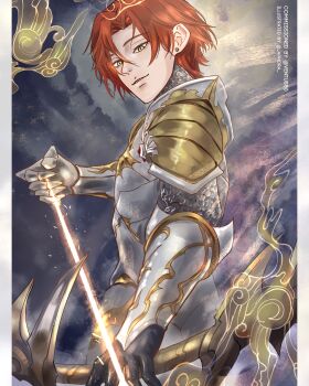 1boy absurdres armor arrow_(projectile) bow_(weapon) breastplate commentary commission cowboy_shot english_commentary green_eyes highres holding holding_arrow holding_bow_(weapon) holding_weapon kai_(shadow_slave) pillarboxed red_hair ringringheyitsme shadow_slave short_hair shoulder_armor smile solo weapon