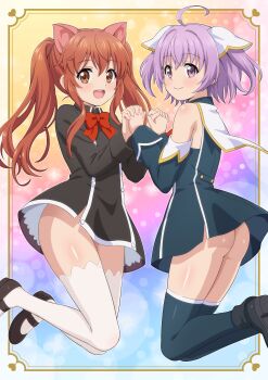 2girls absurdres ahoge animal_ears ass bare_shoulders black_dress blue_dress blue_thighhighs blush bottomless bow breasts brown_eyes brown_hair character_request closed_mouth commentary commentary_request commission copyright_request detached_sleeves dress highres holding_hands long_hair long_sleeves multiple_girls no_panties open_mouth pokemoa purple_eyes purple_hair red_bow shoes skeb_commission smile thighhighs thighs twintails white_thighhighs
