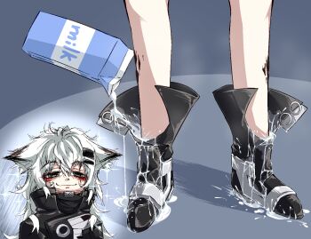 1girl animal_ears arknights black_footwear black_jacket blush closed_mouth commentary english_commentary grey_background grey_eyes hair_ornament hairclip jacket lappland_(arknights) long_hair lower_body messy_hair milk milk_carton multiple_views pouring sidelocks simple_background smile sparkle suggestive_fluid tofusquisha turtleneck upper_body what white_hair wolf_ears wolf_girl