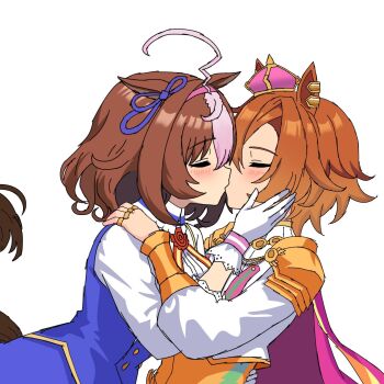 2girls animal_ears blue_vest blush brown_hair closed_eyes commentary crown epaulettes gloves hand_on_another&#039;s_face hand_on_another&#039;s_shoulder hand_on_another&#039;s_waist highres horse_ears horse_girl horse_tail jewelry kiss meisho_doto_(umamusume) mini_crown multiple_girls multiple_rings orange_hair pink_streaks ring sakuraji_rai shirt short_hair simple_background t.m._opera_o_(umamusume) tail umamusume vest white_background white_gloves white_shirt yuri