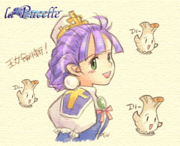 archived_source blue_dress blue_eyes blue_sleeves blunt_bangs blush braid breasts brooch commentary_request contrast_collar copyright_name cross dress earrings eclair_(la_pucelle) gem gold_tiara green_gemstone hair_pulled_back hat jewelry korean_commentary la_pucelle latin_cross layered_sleeves long_sleeves looking_at_viewer lowres mushroom nape_braid open_mouth pearl_earrings pointy_ears print_sleeves puffy_short_sleeves puffy_sleeves purple_hair red_ribbon ribbon short_over_long_sleeves short_sleeves signature simple_background small_breasts tiara tiv translation_request upper_body white_hat yellow_background