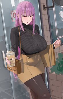 1girl alternate_costume archinoer bag black_pantyhose blunt_bangs breasts brick_wall brown_skirt casual commentary cup disposable_coffee_cup disposable_cup doorway drinking_straw english_commentary handbag high-waist_skirt highres hololive hololive_english large_breasts long_hair miniskirt mori_calliope nail_polish open_mouth outdoors pantyhose pink_hair pink_nails red_eyes ribbed_sweater sidelocks skirt solo standing storefront sweater sweater_tucked_in turtleneck turtleneck_sweater very_long_hair virtual_youtuber window