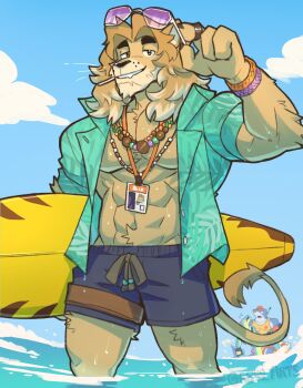 ! 3boys abs animal_ears bara bead_necklace beads black_shorts blue_sky bracelet cloud commentary dorsal_fin english_commentary fang fang_out fortnite furry furry_male green_shirt greyy_arts highres holding holding_surfboard jewelry kingston_(fortnite) lion_boy lion_ears lion_mane lion_tail lizard_tail lizzik_(fortnite) looking_at_another looking_at_viewer male_focus multiple_boys muscular muscular_male necklace ocean open_clothes open_mouth open_shirt orange_shirt orange_tank_top pectorals red_shorts reptile_boy ring shark_boy shark_fin shirt shorts sky sleeveless sleeveless_shirt smile steve_(fortnite) sunglasses surfboard tail tank_top tongue tongue_out wading wet whiskers x_eye