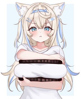 1girl :t animal_ear_fluff animal_ears arm_under_breasts bandaid bandaid_hair_ornament blonde_hair blue_background blue_eyes blue_hairband blue_nails blue_streaks blush border breast_press breasts commentary crossed_bangs dog_ears dog_girl double-parted_bangs english_commentary fake_horns fingernails food_on_body food_on_breasts fuwawa_abyssgard hair_intakes hair_ornament hairband hairclip hands_up highres hololive hololive_english horn_hairband horns large_breasts long_hair looking_at_viewer meme moshiedraws multicolored_hair nail_polish oreo oversized_food oversized_object parallel_hairclips pout shioreos_(meme) shirt short_sleeves simple_background solo streaked_hair t-shirt tareme two-tone_hair two_side_up upper_body v-shaped_eyebrows virtual_youtuber white_border white_shirt
