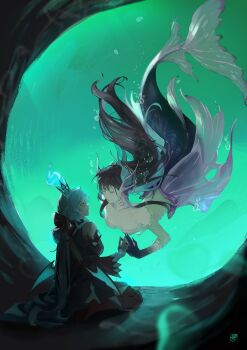 2girls \||/ absurdres air_bubble black_dress black_hair bra breasts bubble cave_interior cerydra_(honkai:_star_rail) chewinggum_p closed_mouth collarbone commentary crown dress expressionless fins floating_hair gills grey_hair half-closed_eyes hand_to_hand head_fins highres honkai:_star_rail honkai_(series) hysilens_(honkai:_star_rail) long_hair long_sleeves mermaid mini_crown monster_girl multiple_girls partially_submerged reaching reaching_towards_another short_hair sitting strapless strapless_bra symbol-only_commentary underwear white_bra yuri