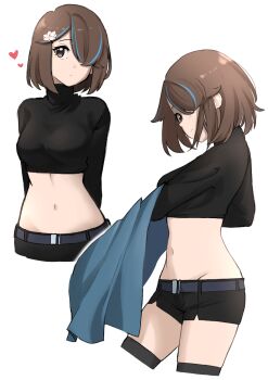 1girl absurdres arms_at_sides asymmetrical_bangs belt black_shoes black_sweater breasts brown_eyes brown_hair closed_mouth commentary crop_top cropped_legs cropped_sweater expressionless fav_faris flower grey_belt hair_flower hair_ornament hair_over_one_eye heart highres large_breasts long_bangs long_sleeves looking_at_viewer multicolored_hair multiple_views navel one_eye_covered original shoes short_shorts shorts simple_background standing stomach streaked_hair sweater turtleneck turtleneck_sweater white_background white_flower