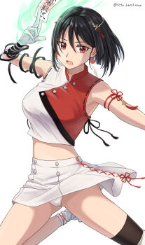 1girl artist_name black_hair black_thighhighs breasts cheerleader commission cropped_shirt gloves hair_between_eyes highres large_breasts looking_at_viewer midriff original panties pixiv_commission red_eyes setu_kurokawa shirt short_hair simple_background single_thighhigh skirt sleeveless sleeveless_shirt socks solo thighhighs thighs twitter_username underwear watermark white_background white_gloves white_panties white_skirt white_socks