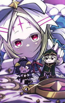 1girl absurdres araga_kiwi black_corset black_eyes black_hair black_panties black_pants blonde_hair blue_dress blurry bow chibi commentary corset cross depth_of_field double_bun dress expressionless facial_mark fangs forehead_mark green_hat green_shirt hair_bow hair_bun hat highres hiiragi_utena horns kakuzatou_(cubesugar03196) leoparde_(mahou_shoujo_ni_akogarete) long_hair long_sleeves looking_at_viewer magia_baiser mahou_shoujo_ni_akogarete mole mole_under_mouth morino_korisu nero_alice open_mouth panties pants pasties red_eyes shirt smile underwear white_bow wings yellow_eyes