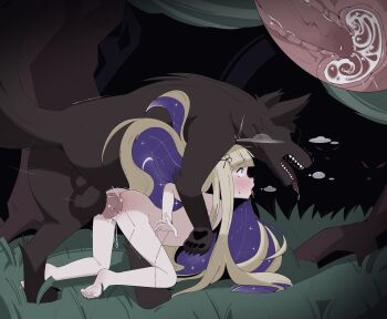 1boy 1girl absurdres all_fours amanogawa_shiina animal animal_penis anus ass balloon_womb barefoot bestiality blonde_hair blush completely_nude constricted_pupils cross-section cum cum_in_pussy cum_overflow doggystyle drooling ejaculation eyebrows forest from_behind from_side full_body grass hair_ornament hand_up hetero highres internal_cumshot knotted_penis loli long_hair looking_afar multicolored_hair nature night nude on_grass open_mouth outdoors penis phase_connect profile purple_eyes purple_hair rape rouge_(loliver65) saliva sex sex_from_behind soles solo_focus testicles toenails toes tongue tongue_out torogao trembling two-tone_hair uncensored uterus vaginal veins veiny_penis very_long_hair virtual_youtuber wolf