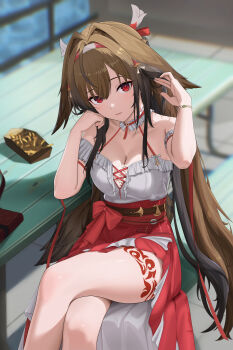 1girl absurdres animal_ears bare_shoulders bracelet breasts brown_hair cleavage commentary crossed_legs detached_sleeves food fox_ears fox_girl fox_tail french_fries hair_intakes highres ir_who jewelry large_breasts long_hair looking_at_viewer red_eyes red_skirt sitting skirt solo tail very_long_hair white_skirt ye_shunguang zenless_zone_zero