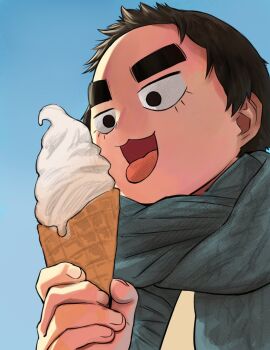 1girl :3 black_eyes black_hair blue_background blue_scarf commentary_request highres holding holding_ice_cream_cone ice_cream_cone narisokonai original portrait scarf short_hair solo takei_chiyo_(narisokonai) thick_eyebrows tongue tongue_out very_short_hair