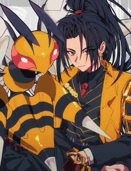 1boy bee beedrill black_hair black_pants black_shirt black_vest bug closed_mouth coat collared_shirt contempt_awe_(e.g.o) crossover e.g.o_(project_moon) earrings gen_1_pokemon gloves gold grey_background high_ponytail highres insect jewelry jia_huan_(project_moon) limbus_company long_hair long_sleeves looking_at_viewer male_focus mega_beedrill mega_pokemon necktie nintendo open_clothes open_coat pants pokemon pokemon_(creature) ponytail project_moon qiluge red_eyes red_gloves red_necktie shirt sitting stinger twitter_username vest yellow_coat