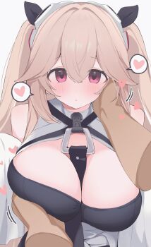 1boy 1girl anchorage_(azur_lane) azur_lane between_breasts breasts brown_hair commentary disembodied_hand grabbing_another&#039;s_breast groping heart hetero highres hone_kawa large_breasts long_hair looking_at_viewer open_mouth pink_eyes simple_background speech_bubble spoken_heart two_side_up variant_set white_background