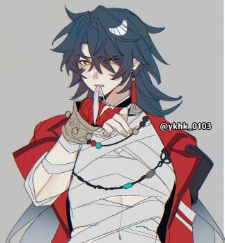 1boy ahoge bandaged_chest bandaged_wrist bandages biting blade_(honkai:_star_rail) blonde_hair bracelet commentary double-parted_bangs earrings gradient_hair honkai:_star_rail honkai_(series) jacket jewelry long_hair male_focus multicolored_hair necklace open_clothes open_jacket red_eyes simple_background symbol-only_commentary tassel tassel_earrings twitter_username upper_body very_long_hair yellow_eyes yokuhaku