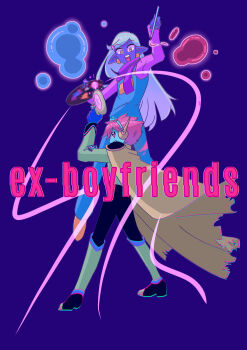 Rule 34 | 2boys, arm up, black pants, blue background, blue gloves, blue overalls, blue skin, cape, captain spaceboy, colored skin, commentary request, earrings, english text, fingerless gloves, gloves, green cape, green hair, gun, hair ornament, hairclip, highres, holding, holding gun, holding paint palette, holding paintbrush, holding weapon, jewelry, long hair, long sleeves, male focus, multiple boys, omori, open mouth, overalls, paint palette, paintbrush, pants, pink eyes, pink hair, pink sweater, pointy ears, purple scarf, purple skin, rococo (omori), scarf, short hair, simple background, sweater, swept bangs, teeth, upper teeth only, weapon, yellow eyes, zabalam inana