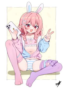 1girl :d absurdres animal_ears blue_nails boppin bow bow_panties braid cellphone fake_animal_ears fang flat_chest frills hair_between_eyes hair_ornament highres holding holding_phone indie_virtual_youtuber jacket loli nail_polish navel no_shoes open_clothes open_jacket open_mouth panties phone pink_hair pink_thighhighs pointy_ears rabbit_ears red_eyes sitting skirt skirt_around_one_leg smile solo striped_clothes striped_panties thighhighs twin_braids underwear v virtual_youtuber x_hair_ornament yanagi_mimi