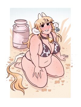 Rule 34 | 1girl, animal ears, animal print, bell, belly, bikini, black eyes, blonde hair, body freckles, bottle, breasts, cleavage, commentary, cow ears, cow girl, cow horns, cow print, cow print bikini, cowbell, english commentary, fat, fat woman, fawnduu, freckles, from above, grabbing own thigh, highres, horns, kemonomimi mode, large breasts, looking at viewer, milk bottle, navel, on grass, original, print bikini, simple background, sitting, smile, solo, swimsuit, tail, wariza, white background