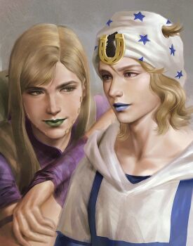 Rule 34 | armband, beanie, beard, blonde hair, blue eyes, blue lips, bridal gauntlets, collarbone, facial hair, green eyes, green lips, gyro zeppeli, hand on another's shoulder, hat, highres, hood, hood down, hoodie, horse print, horseshoe hat ornament, horseshoe ornament, johnny joestar, jojo no kimyou na bouken, long hair, looking at another, medium hair, missing headwear, purple armband, purple bridal gauntlets, purple shirt, shirt, short sleeves, star (symbol), star print, steel ball run, tinh daubuoi, white hat, white hoodie