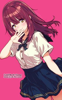 1girl 2025 blue_skirt blush brown_hair closed_mouth commentary_request copyright_name cowboy_shot dated dress_shirt dutch_angle highres jagi_(jagi_souken) long_hair miniskirt pleated_skirt red_background school_uniform shirt short_sleeves simple_background skirt smile solo straight_hair toki_ayano white_shirt yellow_eyes yurucamp