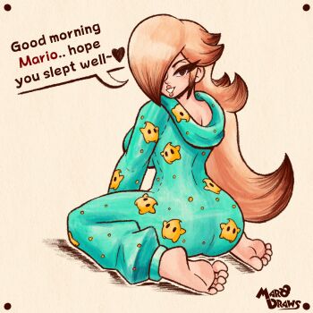 1girl artist_name barefoot blonde_hair commentary english_commentary english_text feet hair_over_one_eye highres hood long_hair looking_back luma_(mario) mario_(series) marodraws nintendo onesie rosalina simple_background smile soles solo toes