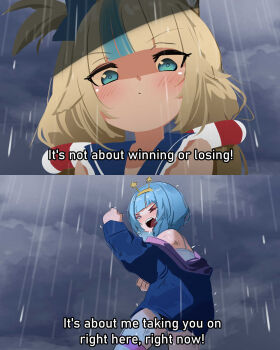 Rule 34 | 2girls, blonde hair, blue eyes, blue hair, blue jacket, blue sailor collar, blunt bangs, clenched hands, cloud, cloudy sky, english text, fighting stance, highres, indie virtual youtuber, jacket, jelly hoshiumi, jelly hoshiumi (comfy), lifebuoy hair ornament, long hair, long sleeves, multiple girls, one-punch man, outdoors, parody, phase connect, rain, sailor collar, sameko saba, sameko saba (1st costume), scene reference, shaded face, short hair, sky, subtitled, sydus, tears, virtual youtuber