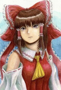 1girl ascot blue_background collar commentary_request cropped_torso detached_sleeves hair_ribbon hakurei_reimu highres looking_at_viewer medium_hair painting_(medium) pandemonicka red_ribbon ribbon solo touhou traditional_media watercolor_(medium) wide_sleeves yellow_ascot
